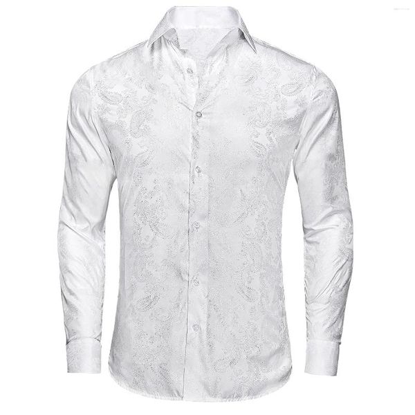 Chemises habillées pour hommes Silvery Mens Soie Classique Rose Vert Bleu Blanc Noir Printemps Automne Chemise à manches longues Chemise de mariage Cadeaux d'affaires Hi-Tie