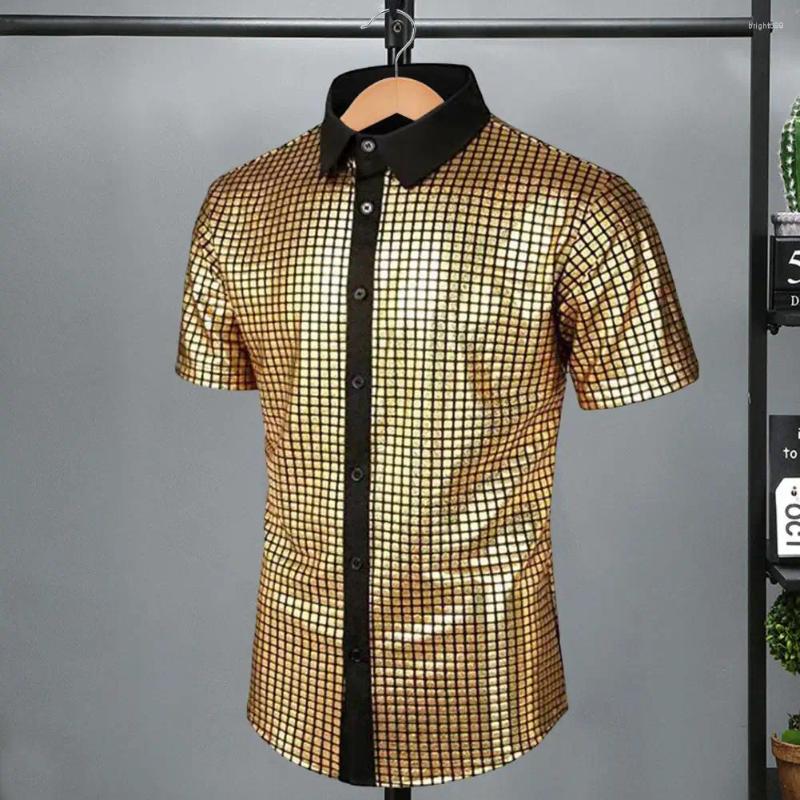 Herrklänningsskjortor Single-Breasted Men Top Slim Fit Performance Shirt med Turn-Down-krage för nattklubbfestivaler Glossy Surface Contrast