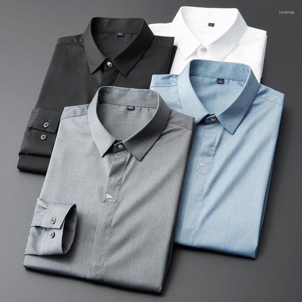 Camisas de vestir para hombres Camisa azul claro ajustada Camisa bordada de manga larga Negocios Formal Trabajo de verano fino Sin hierro Profesional