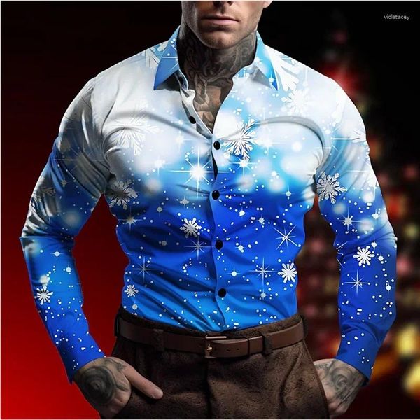 Chemises habillées pour hommes, chemise décontractée flocon de neige, noël automne et hiver, manches longues, bleu, tissu extensible dans les quatre sens, XS-6XL