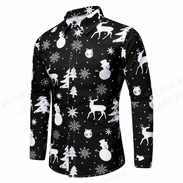 Chemises habillées pour hommes Flocon de neige Renne hawaïen Hommes Chemise de mode Bonhomme de neige à manches longues Blouse de plage Homme Camisas Vêtements 231213