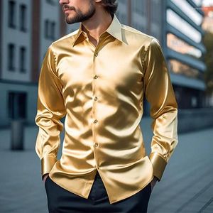 Chemises habillées pour hommes, couleur unie, chemise en Satin, mode brillante, manches longues, smoking, boutique d'affaires, fête, bal de mariage, luxe