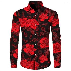 Heren overhemden lente en herfst casual outdoor luxe pak revers shirt lange mouw zacht comfortabel materiaal bloemen roze rood HD-patroon