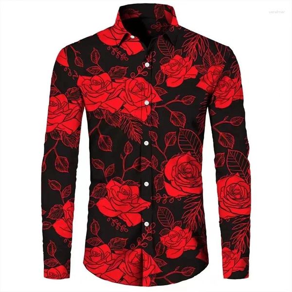 Chemises habillées pour hommes printemps et automne décontracté en plein air costume de luxe chemise à revers à manches longues matériau doux et confortable motif floral rose rouge HD