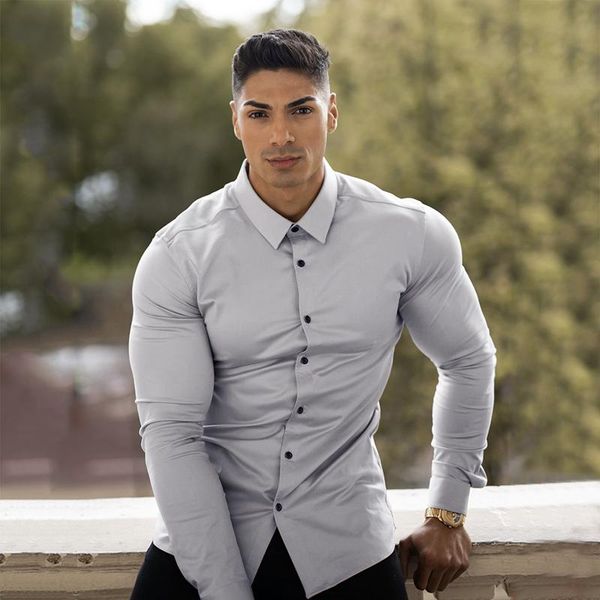 Chemises habillées pour hommes printemps automne mode chemise à manches longues hommes Super Slim Fit mâle entreprise sociale marque Fitness vêtements de sport