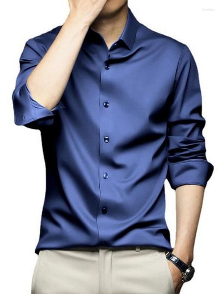 Camisas de vestir para hombres primavera/verano manga larga formal lujoso seda resistente a arrugas 13 colores talla 38-46