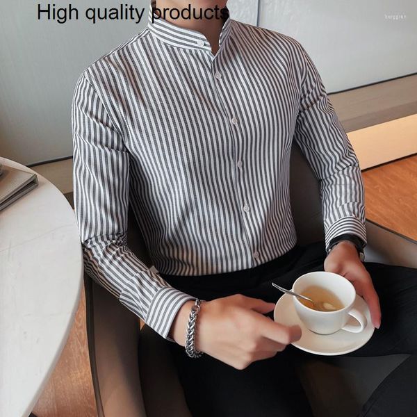 Camisas de vestir para hombres Cuello alto Rayas Primavera Verano Casual Mangas largas Slim Korean Button-Up Brand Clothing 5XL-M