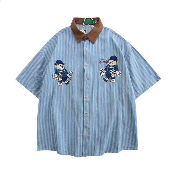 Chemises habillées pour hommes Streetwear Bear Broderie Chemise à manches courtes pour hommes Femmes Hip Hop Summer Button Up Loose Striped Y2K Vêtements unisexe 230629