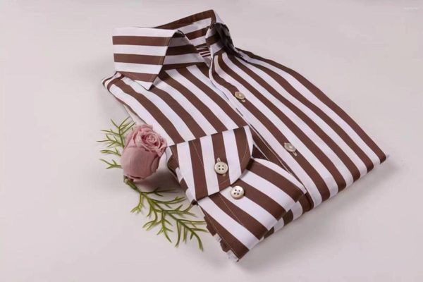 Camisas de vestir para hombre, camisa elegante hecha a medida para hombre, ropa informal personalizada para hombre, cuello italiano de una pieza, tela de algodón a rayas de café sin planchar