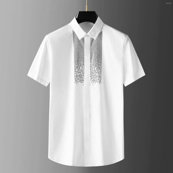 Camisas de vestir para hombres Verano Blanco y negro Camisa estampada con diamantes de imitación checos Manga corta Slim Fit Casual Bottoming Top Hombres