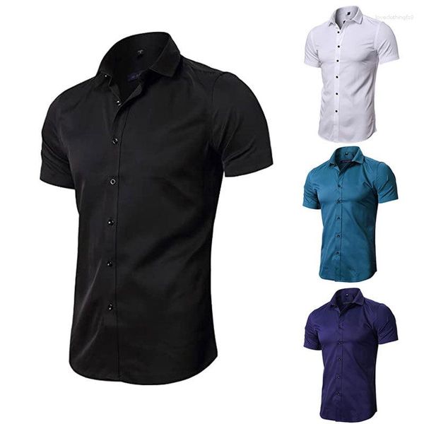 Chemises habillées pour hommes, contraste d'été, col carré, Cardigan à manches courtes, chemise décontractée élastique sans repassage