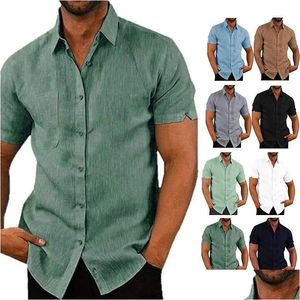 Herenjurk shirts zomers katoenen linnen voor mannen casual korte mouwen blouses vaste turn down kraag formeel strand mannelijke kleding 240112 dhdha
