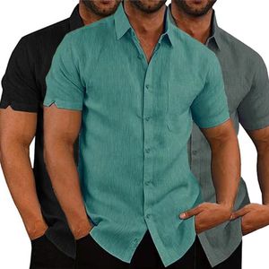 Herenoverhemden Zomer Katoen Linnen Voor Mannen Casual Korte mouwen Blouses Effen Kraag Formeel Strand Mannelijke kleding 230828