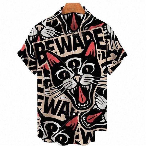 Camisas de vestir para hombres Summer Summer Hawaiian Mens 3d Animal Printing Angry Cat Catal