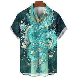 Herenoverhemden Zomer Heren Sociaal Casual Vintage Bloemen Hawaiiaans Oversized overhemd met korte mouwen Straat Luxe Drakenpatroon Elementkleding 230710