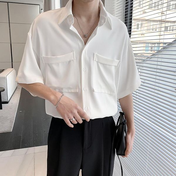 Chemises habillées pour hommes été chemise à manches courtes surdimensionnée hommes mode sociale hommes coréen lâche glace soie gris blanc formel
