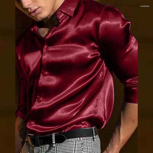 Camisas de vestir para hombres Camisa de verano Camisa de manga larga Fiesta Noche Vacaciones Top Camiseta Seda Rojo Ceremonia Dorada Patinaje Co