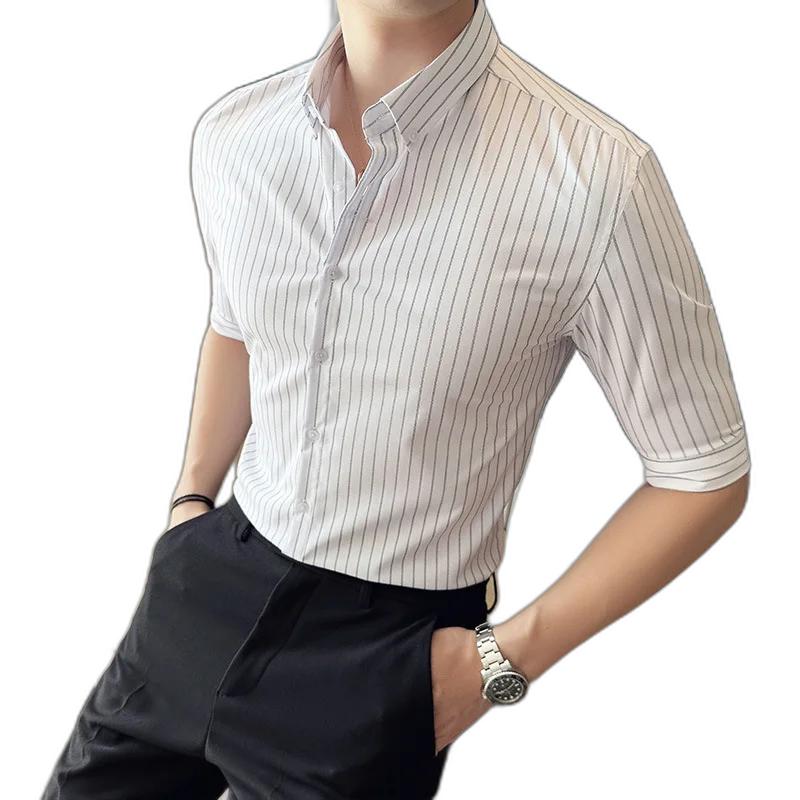 Men's Dress Shirts Summer Short Sleeve Shirt High Quality Sense Striped Slim Mid-sleeve Embroidered Five-sleeved Men