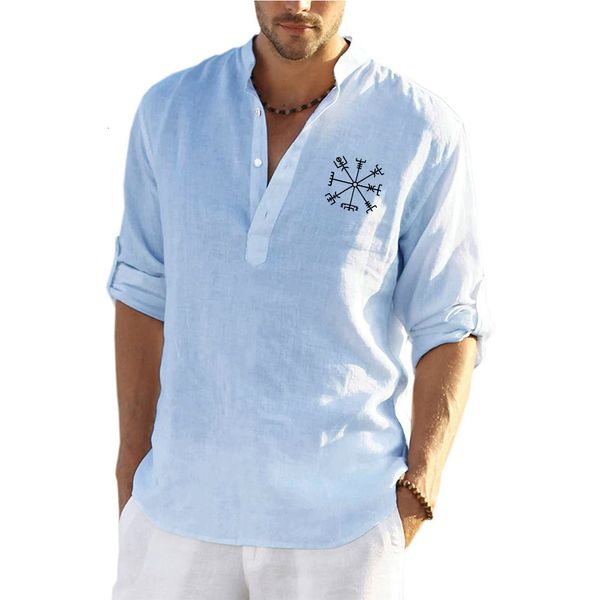 Camisas de vestir para hombre Verano Primavera Algodón Lino Color sólido Manga larga Cuello alto Estilo casual de playa para hombre 230707