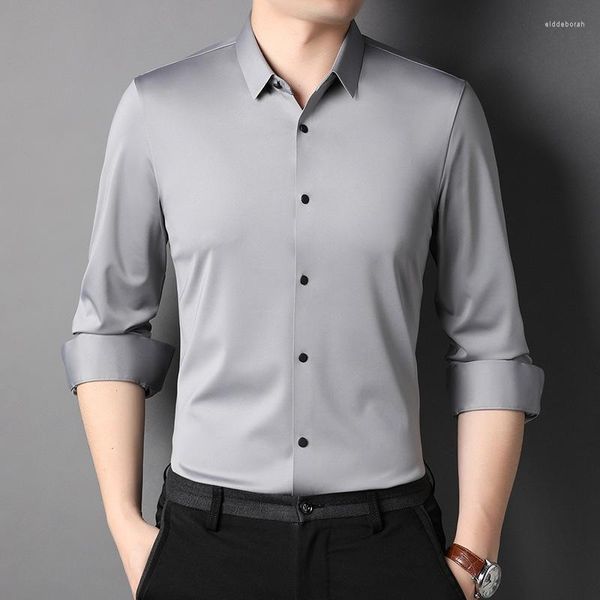 Chemises habillées pour hommes Chemise en strass pour hommes de qualité supérieure 2022 Printemps Automne Soie glacée Aucune trace Bouton décontracté Chemises Slim FitMen's Eldd22