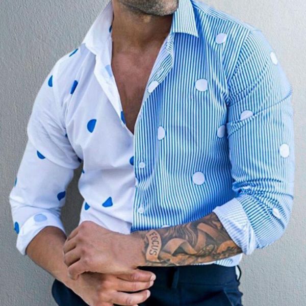 Camisas de vestir para hombres Top Shirt Summer Men Polka Dot Stripe Blue White Color Patchwork de un solo pecho para la ropa de primavera para hombres