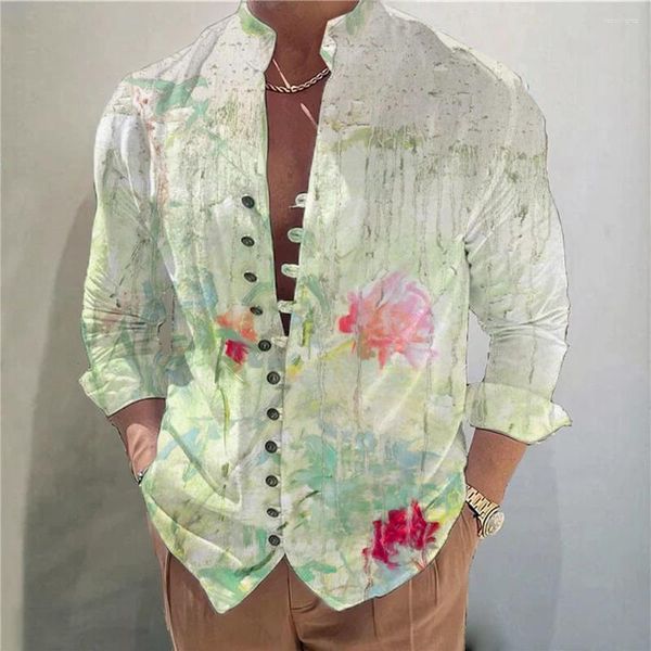 Robe pour hommes dessus de chemise chemise confortable à manches longues en vrac hommes rétro fleur imprimé coupe ajustée col en V Vintage 3D chemisier confortable mode