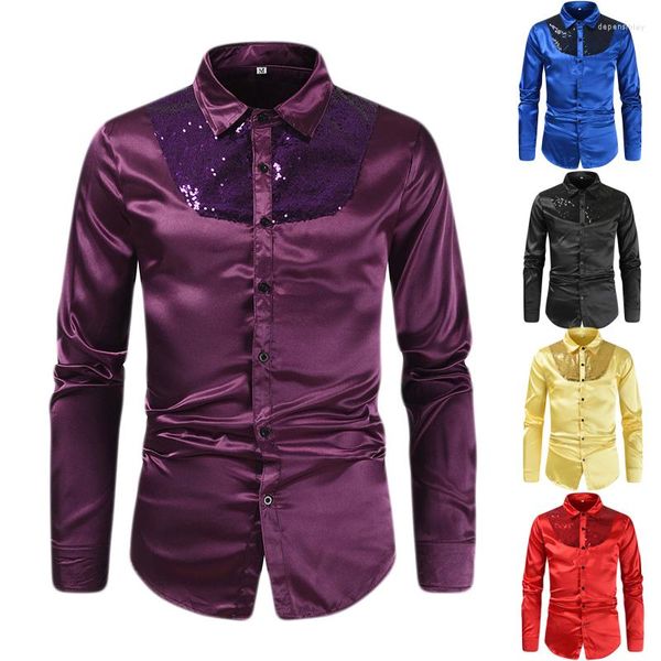 Camisas de vestir para hombres TPJB Shiny All Over Silk Satin Smooth Shirt Lentejuelas de lujo Tuxedo Party Stage Show Disco Costume