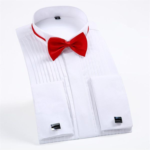 Chemises habillées pour hommes Tuxedo avec poignets français et noeud papillon 1/4 plis à manches longues blanc mariage cocktail bal fête Evenin266q