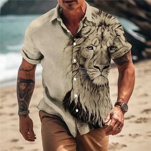 Heren DRAAD SHIRTS UNISEX 2024 Zomer Hawaiiaans shirt 3D Animal Print Shirt Heren en dames leeuwenpatroon Korte mouw Losse grote ademende top Q240528