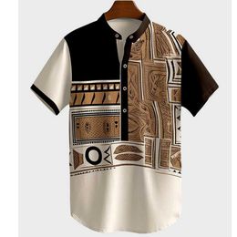 Heren-jurken Shirts Vintage Henley Men T-shirt 3d tribale stijl Kleding Oversized korte mouw Top Summer Ethnic Streetwear voor mannelijke Hawaiiaanse shirts Q240528