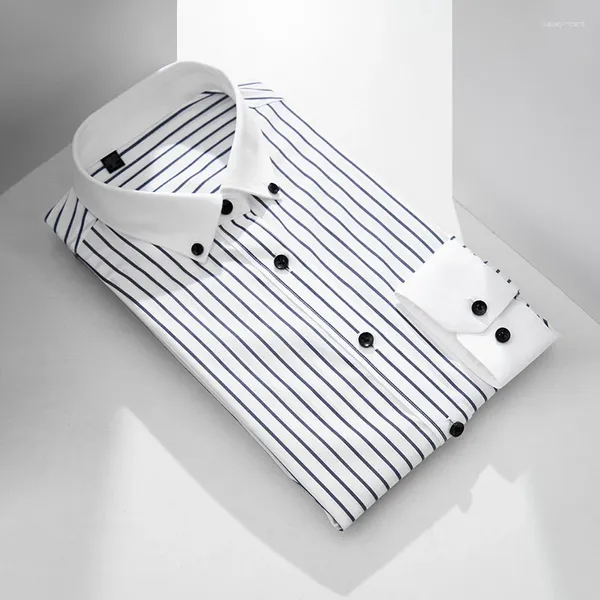 Camisas de vestir para hombres Camisa de manga larga de algodón a rayas con cuello con botones blancos Color de contraste informal de negocios de moda