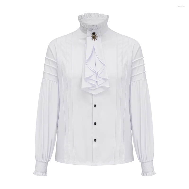 Camicie eleganti da uomo Camicia bianca in cotone con volant Colletto alla coreana Manica a lanterna Camicia pirata medievale rinascimentale da uomo Top gotico vittoriano Steampunk