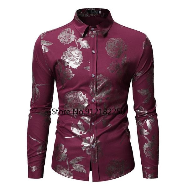 Camisas de vestir para hombre, camisa Floral de rosas blancas, camisa para hombre 2022, camisa informal de manga larga ajustada a la moda para hombre, camisa informal de negocios para fiesta para hombre