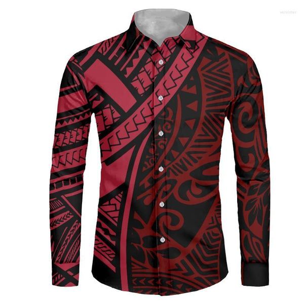 Chemises habillées pour hommes Vente en gros Hommes Casual Rouge / Noir À Manches Longues Hommes Tatouage Tribal Polynésien Imprimer Bouton Chemise Vêtements Hommes Vere22