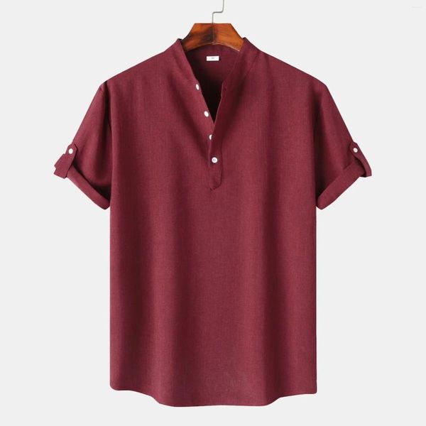 Camisas de vestir para hombres Camisa de cuello alto informal rojo vino Moda de verano Manga corta Diaria Ropa de fiesta en la piscina de playa simple Chemise Hombre