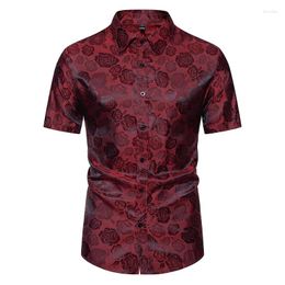 Herenjurken shirts wijn rode bloemenroos print zomer sociale korte mouw voor mannen stijlvol feest banket chemise hombre