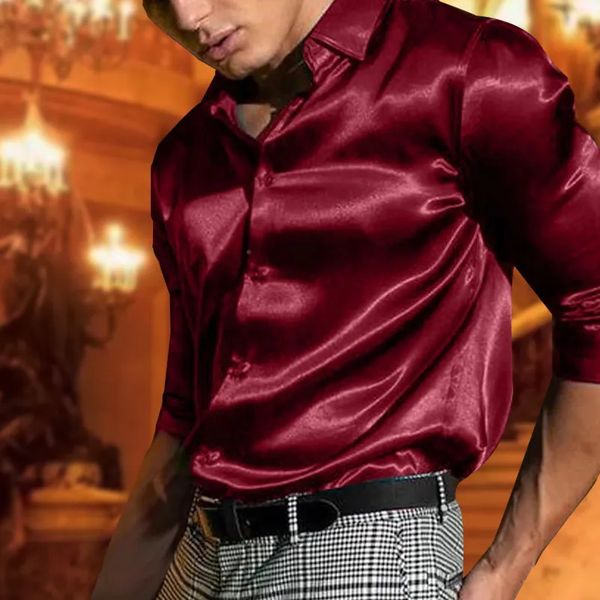 Chemises habillées pour hommes Y2k Bouton Chemise décontractée Satin Soie Noir Rouge Blanc Polo Col Quotidien Mode Confortable Manches Longues 231009