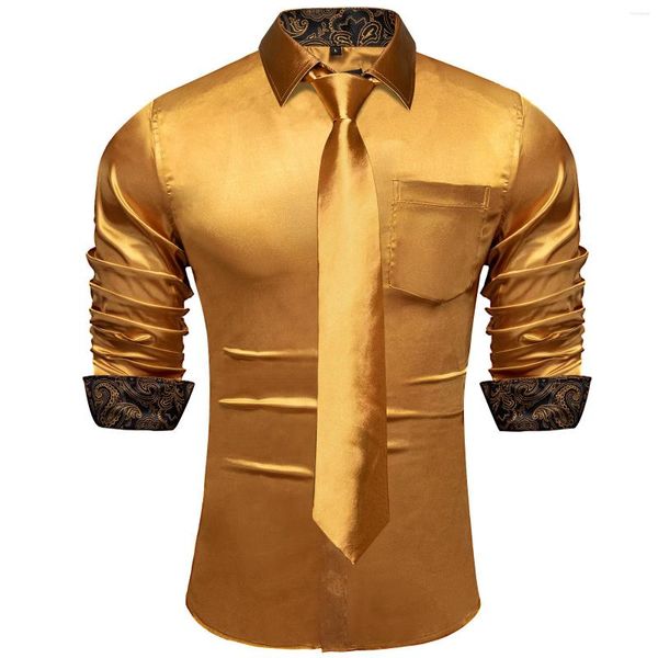 Chemises habillées pour hommes Jaune Golden Designer Stretch Satin Tuxedo Avec Cravates Fête De Mariage De Bal De Luxe À Manches Longues Top Shirt Hommes Vêtements