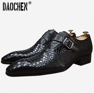 Snake -afdrukken voor heren Formele Casual Black Brown Monk Loafers Kantoor Wedding Lederen Schoenen Men 230509