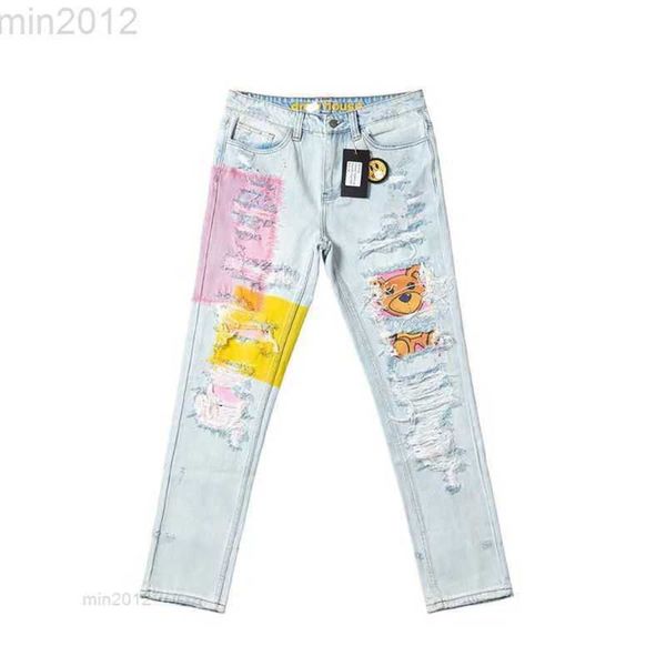 Jeans de créateur Draw pour hommes Teddy Bear Spicy Ink Tear Hole Jeans High Street Fog Fashion Unisexe