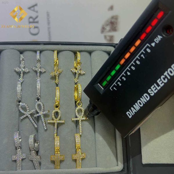 Diseños de aretes para hombres Dropshipping Pendiente de hip hop 925 Plata chapada en oro Gra Moissanite Diamond Cross Pendientes