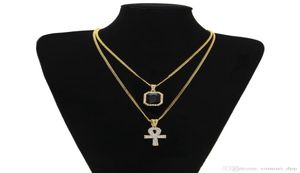 Men Syptian Ankh Key of Life Collier Set Bling Iced Out Mini Gemstone Pendant Gold Silver Silver Chain pour femmes bijoux hip hop3386456