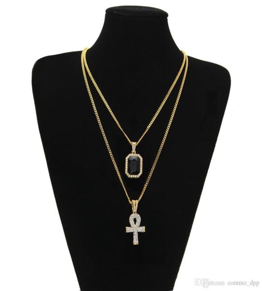 Conjunto de collar con llave de la vida de Ankh egipcio para hombre, mini colgante de piedras preciosas con hielo, cadena de plata dorada para mujer, joyería de Hip Hop 5052705