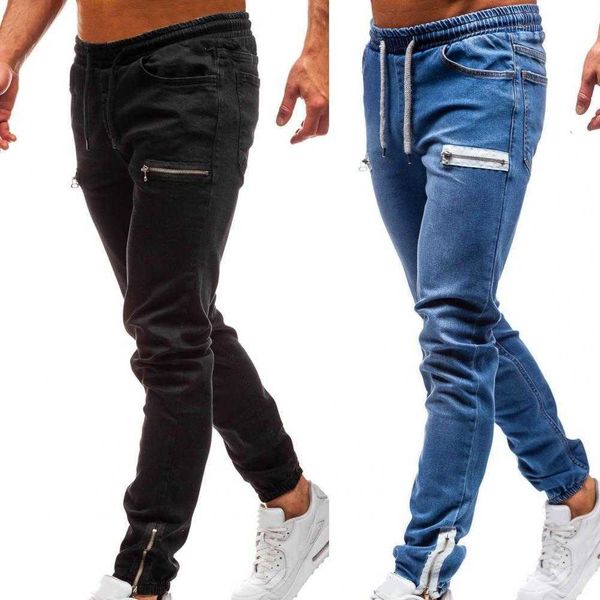 Pantalones de mezclilla elásticos para hombres Casual Frosted Zipper Cordón Jeans Entrenamiento Jogger Athletic Multi Bolsillos Tobillo Atado Sweetpants X0621