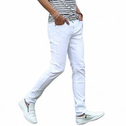 Pantalones vaqueros blancos delgados elásticos para hombres Pantalones coreanos Fi Youth Slim Fit Pantalones cargo Classic Streetwear Mens Denim Pantalones r4dZ #