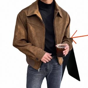 Abrigo elegante y liso de color marrón oscuro para hombre, gama alta de primavera, chaqueta tipo cargo vintage americana, ante N6W9#