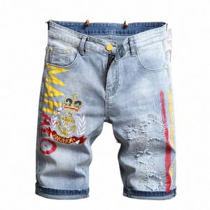 Heren Geborduurde Denim Shorts Herfst Dunne Secti Ripped Vijfpunts Broek Stretch Trend Fi Herenkleding Denim Korte f5oS #