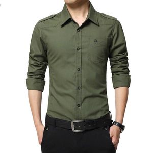 Camisa de charretera para hombre Moda Charretera de manga completa Estilo militar 100% algodón Ejército Verde S con charreteras 210721