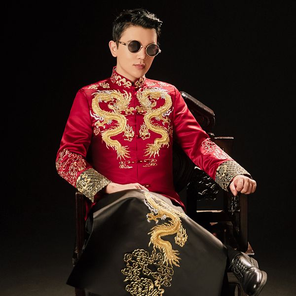 Vêtements ethniques pour hommes Cheongsam Homme Marié Mariage Qipao Marié Hanfu Broderie Rouge Dragon Costume de Style Chinois Robe Veste Costume Tang