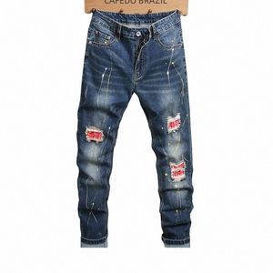 Heren Europese stijl afslankende jeans met rechte pijpen Vervagingsbestendig Kleurgat Trendy ontwerp Geschikt voor jonge mannen Y80e #
